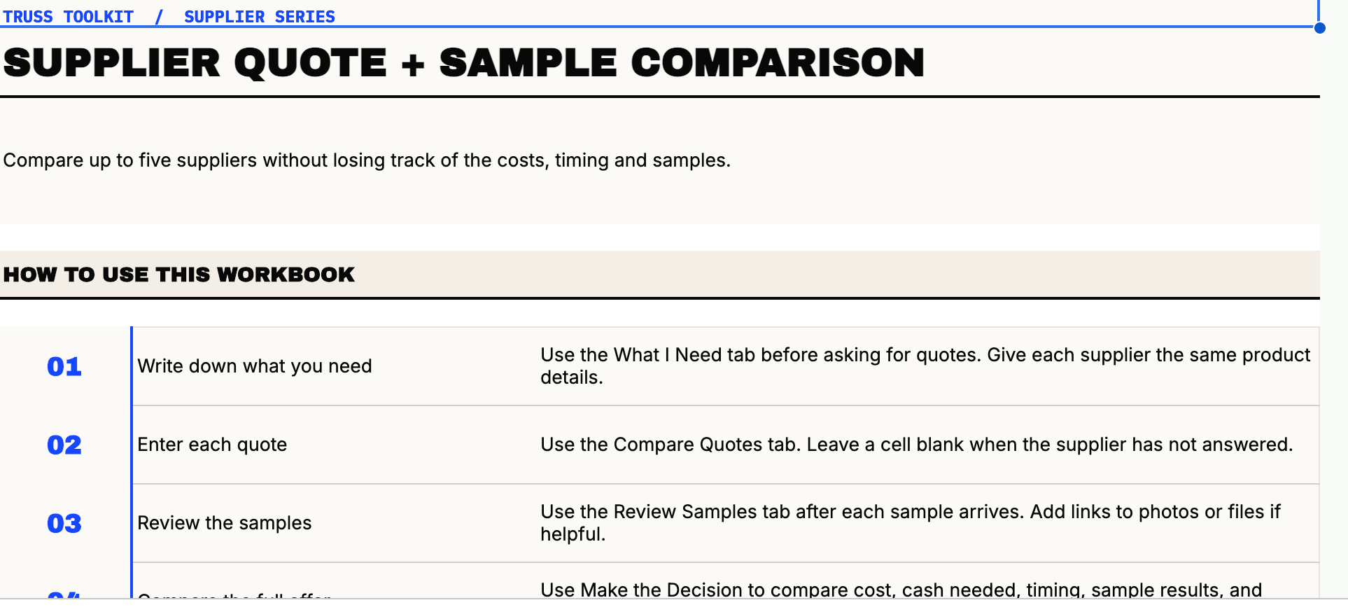 Supplier workbook overview explaining how to define requirements, enter quotes, review samples, and compare offers